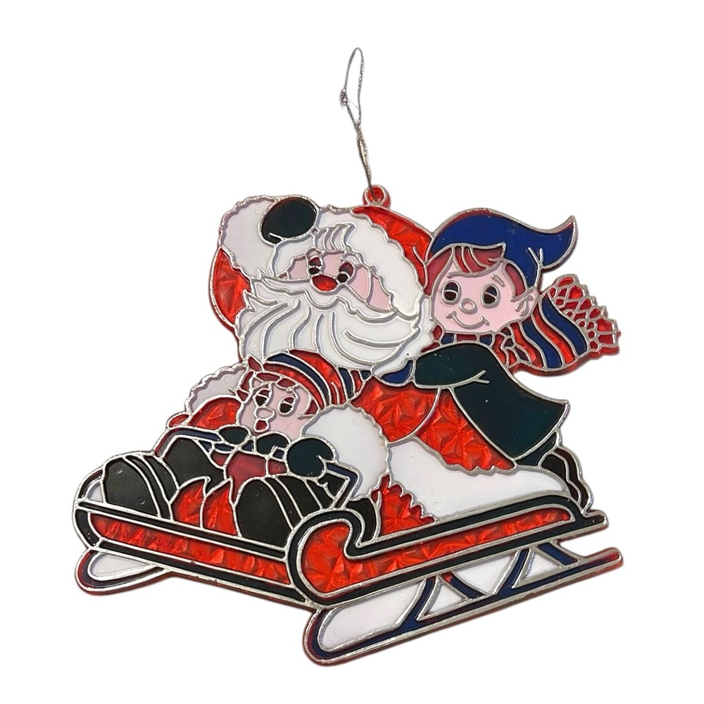 Vintage Sledding Santa And Elves Plastic Sun Catcher Ornament 6 3/8” X 7 3/4”